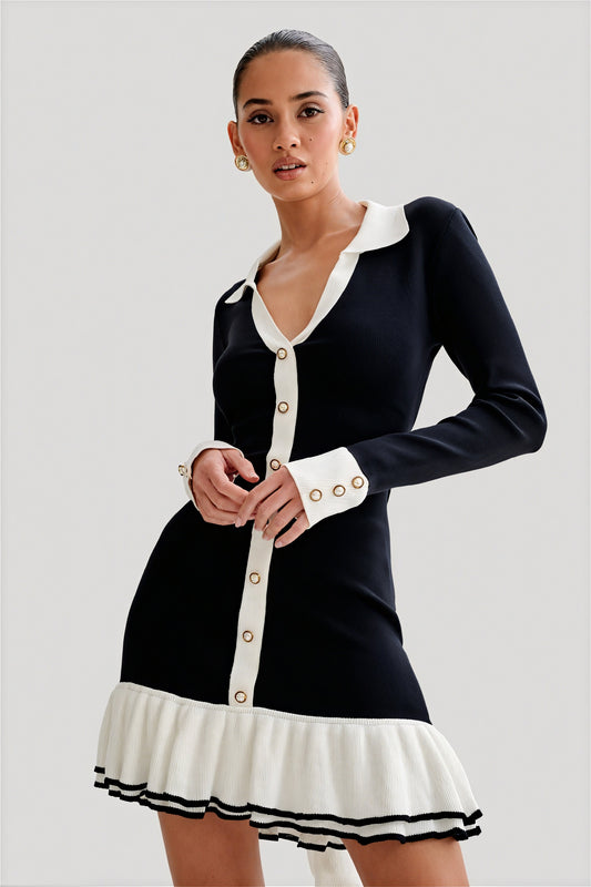 Ribbed Knit Dress with Ruffle Hem & Details