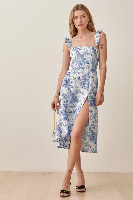 Floral Midi Dress - Ruffle Straps, Square Neck