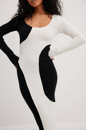 Asymmetrical Color Block Knit Midi Dress
