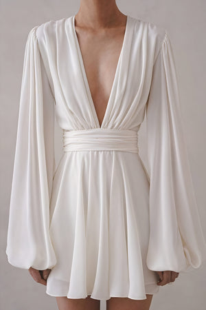 A-Line Party Dress - Plunging V-Neck, Balloon Sleeves