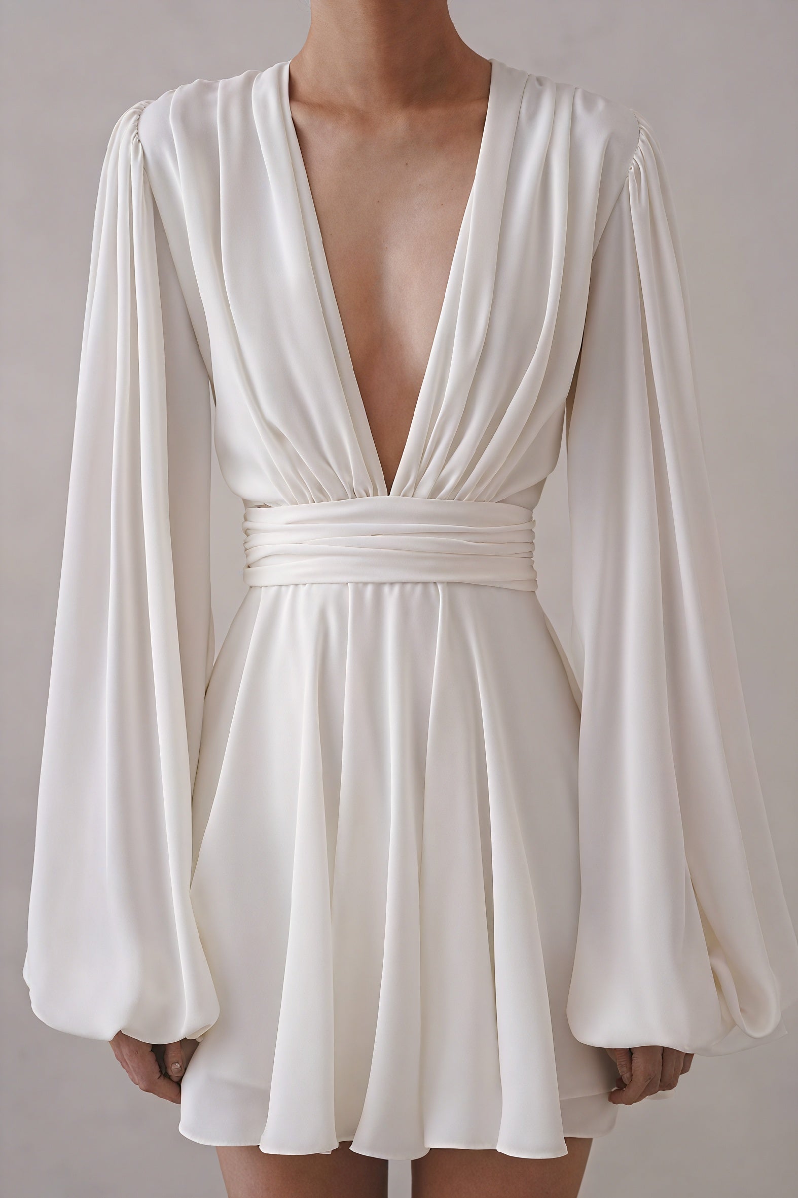 A-Line Party Dress - Plunging V-Neck, Balloon Sleeves