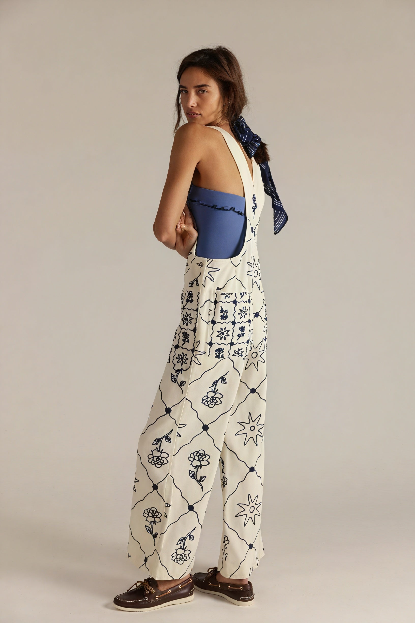 Patterned Wide-Leg Overalls with Straps