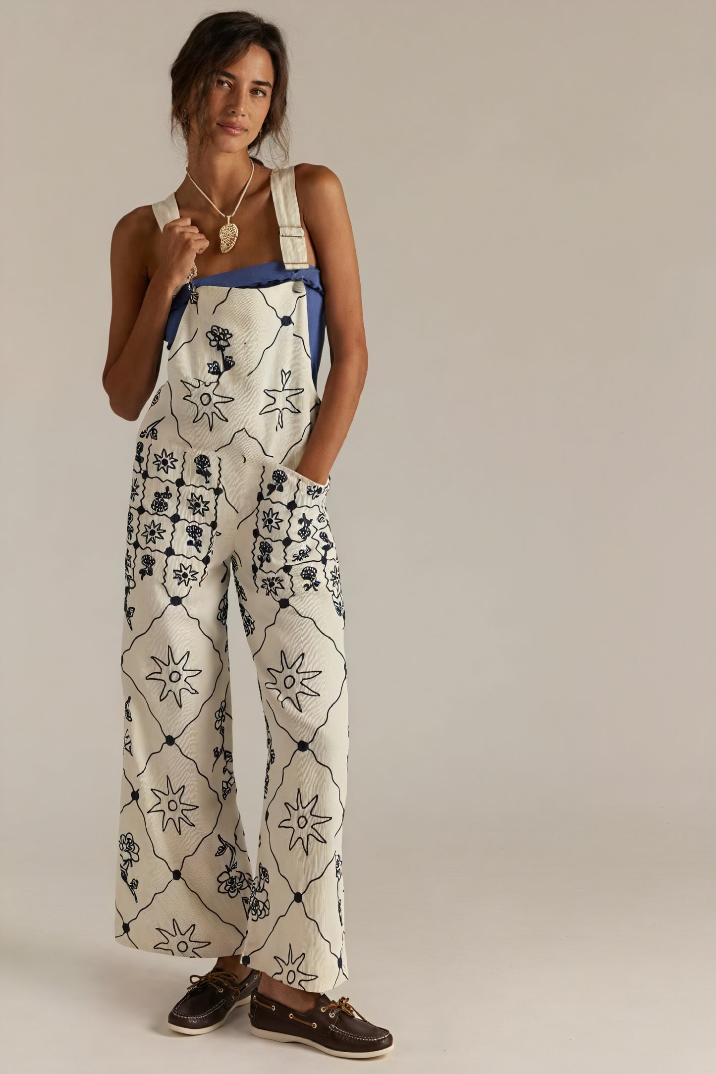 Patterned Wide-Leg Overalls with Straps