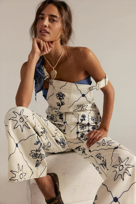 Patterned Wide-Leg Overalls with Straps