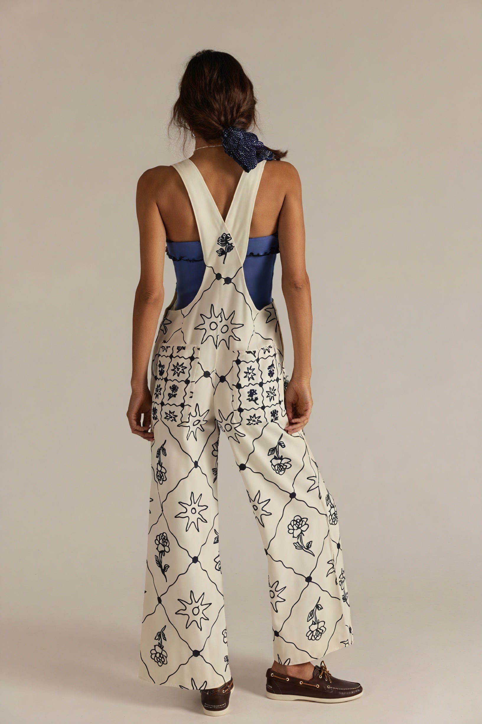 Patterned Wide-Leg Overalls with Straps