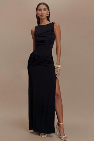 Sculpted Gown - Draped Neckline, High Slit