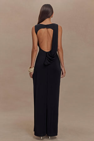 Sculpted Gown - Draped Neckline, High Slit