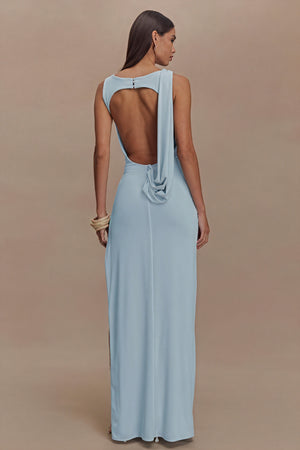 Sculpted Gown - Draped Neckline, High Slit