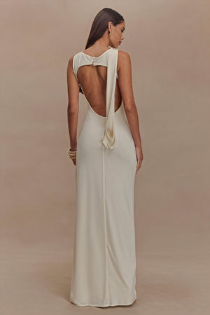 Sculpted Gown - Draped Neckline, High Slit