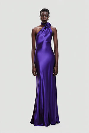 One-Shoulder Satin Evening Gown with Rose