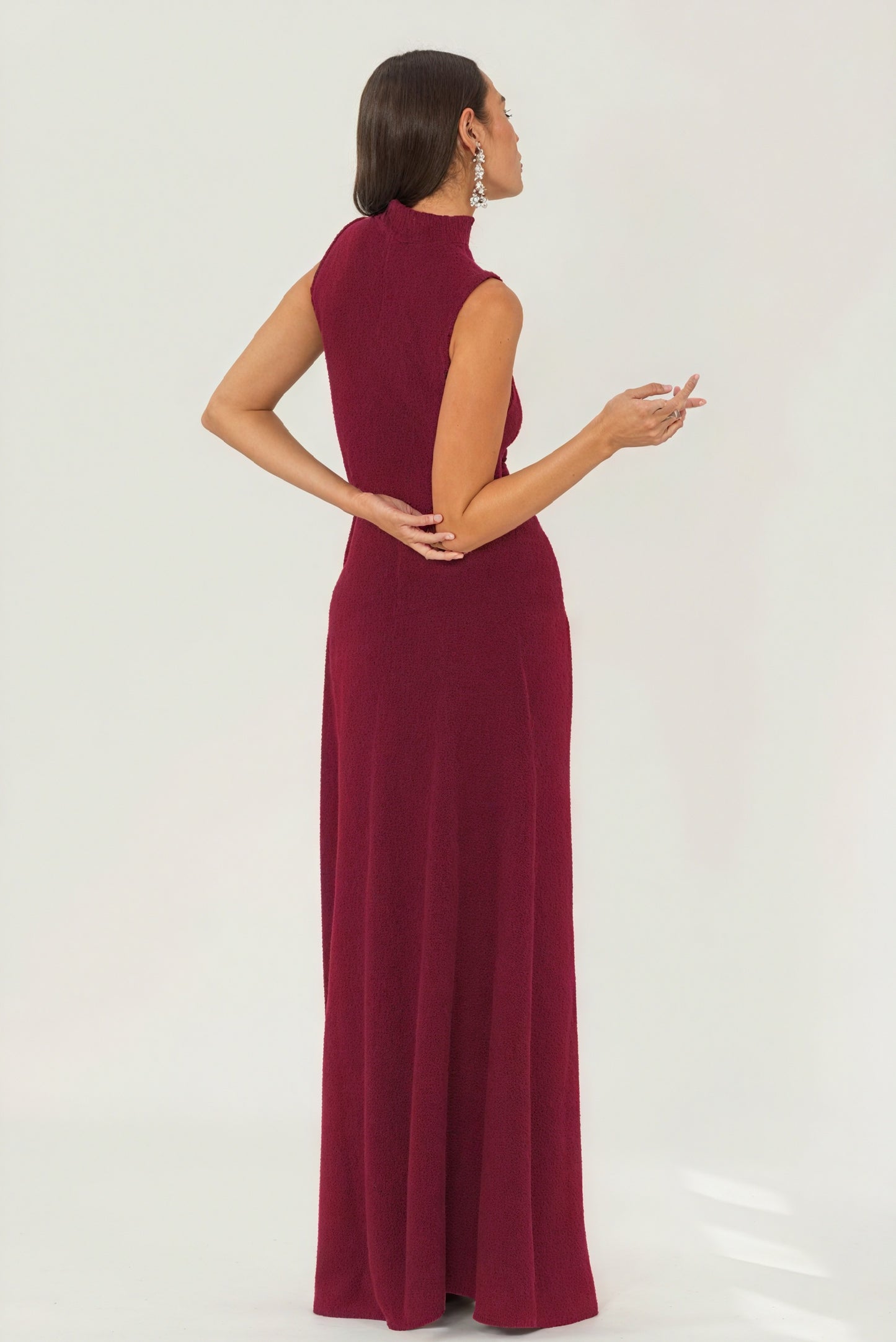 Floor-Length Drape Dress - Sleeveless Mock Neck