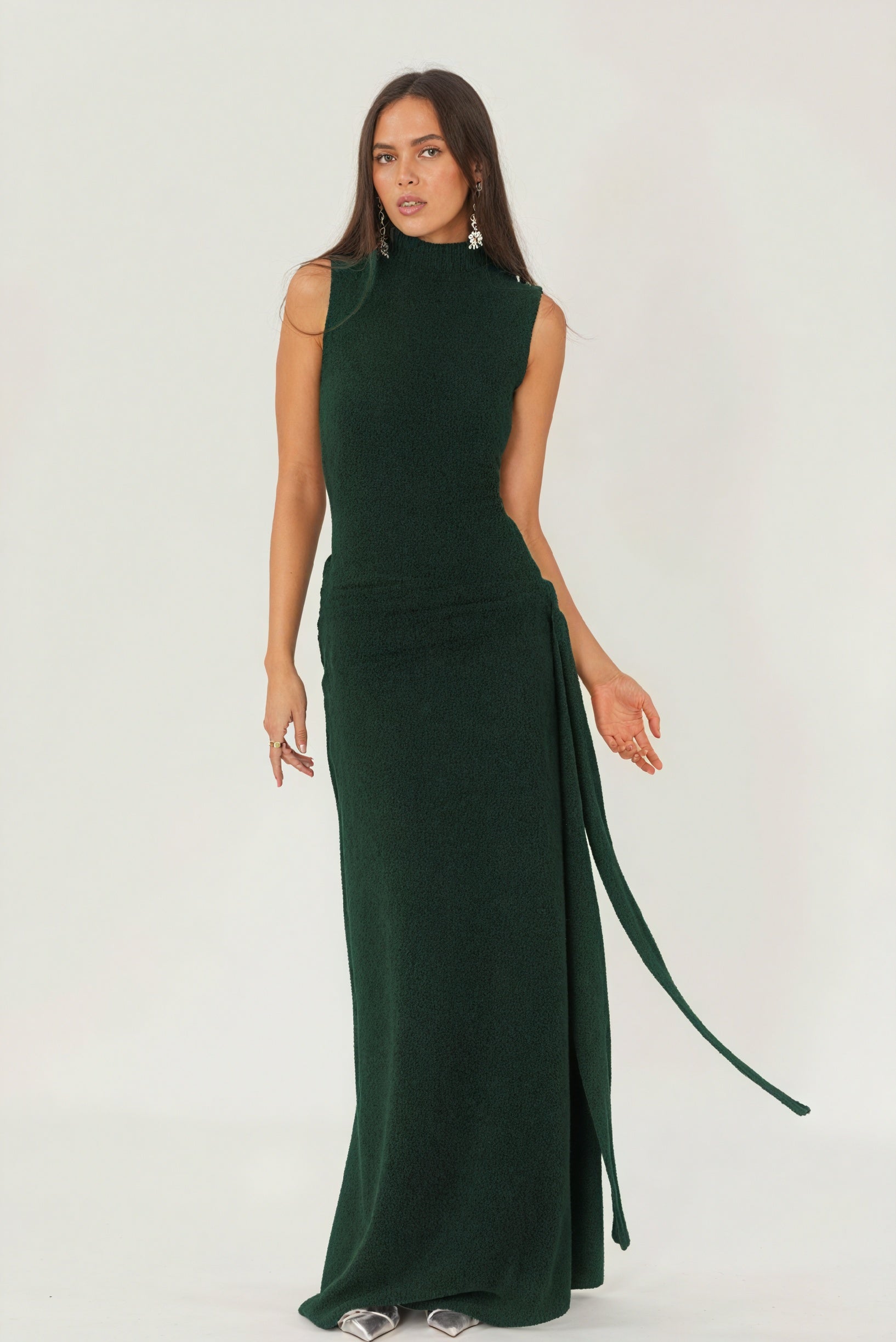 Floor-Length Drape Dress - Sleeveless Mock Neck
