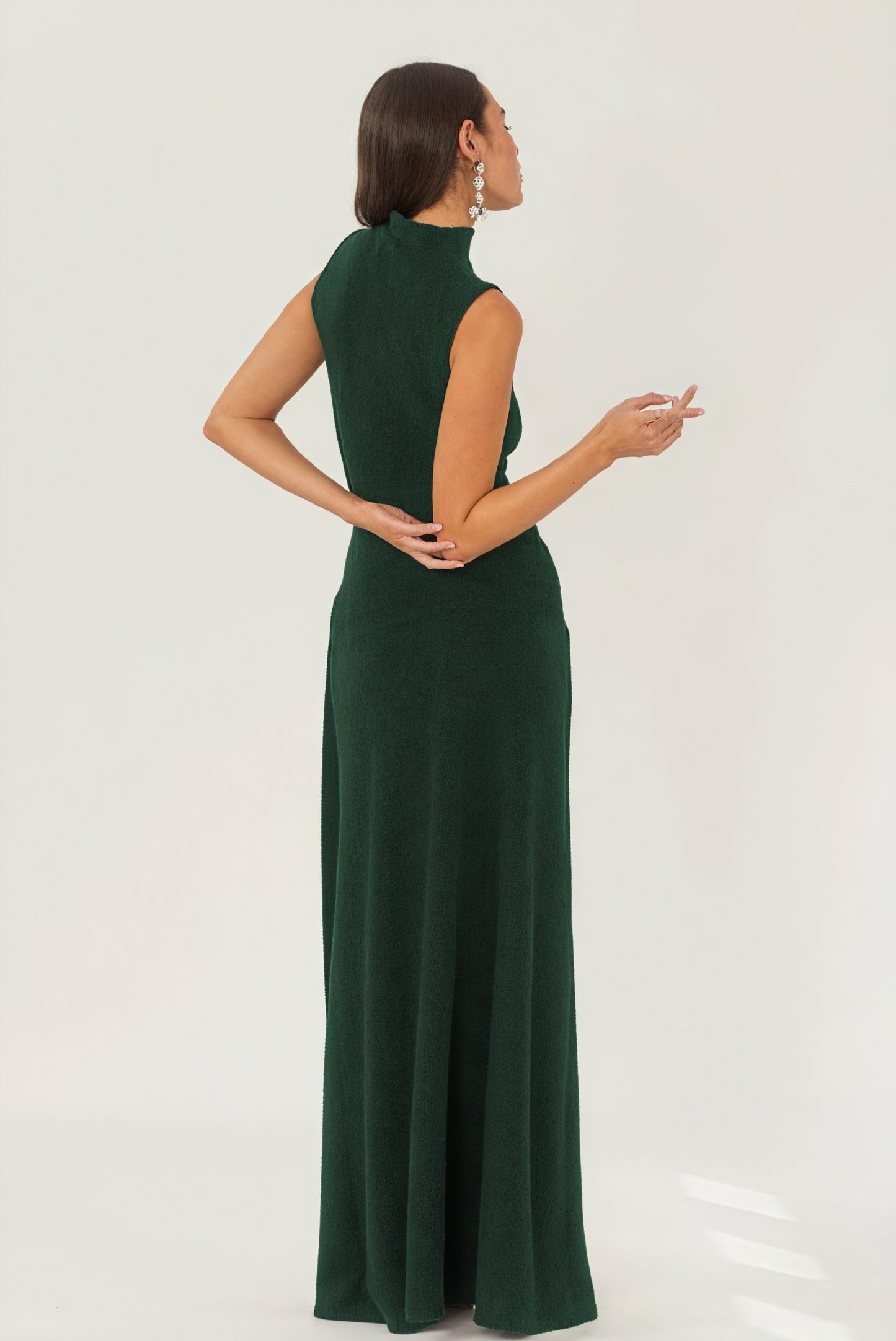 Floor-Length Drape Dress - Sleeveless Mock Neck