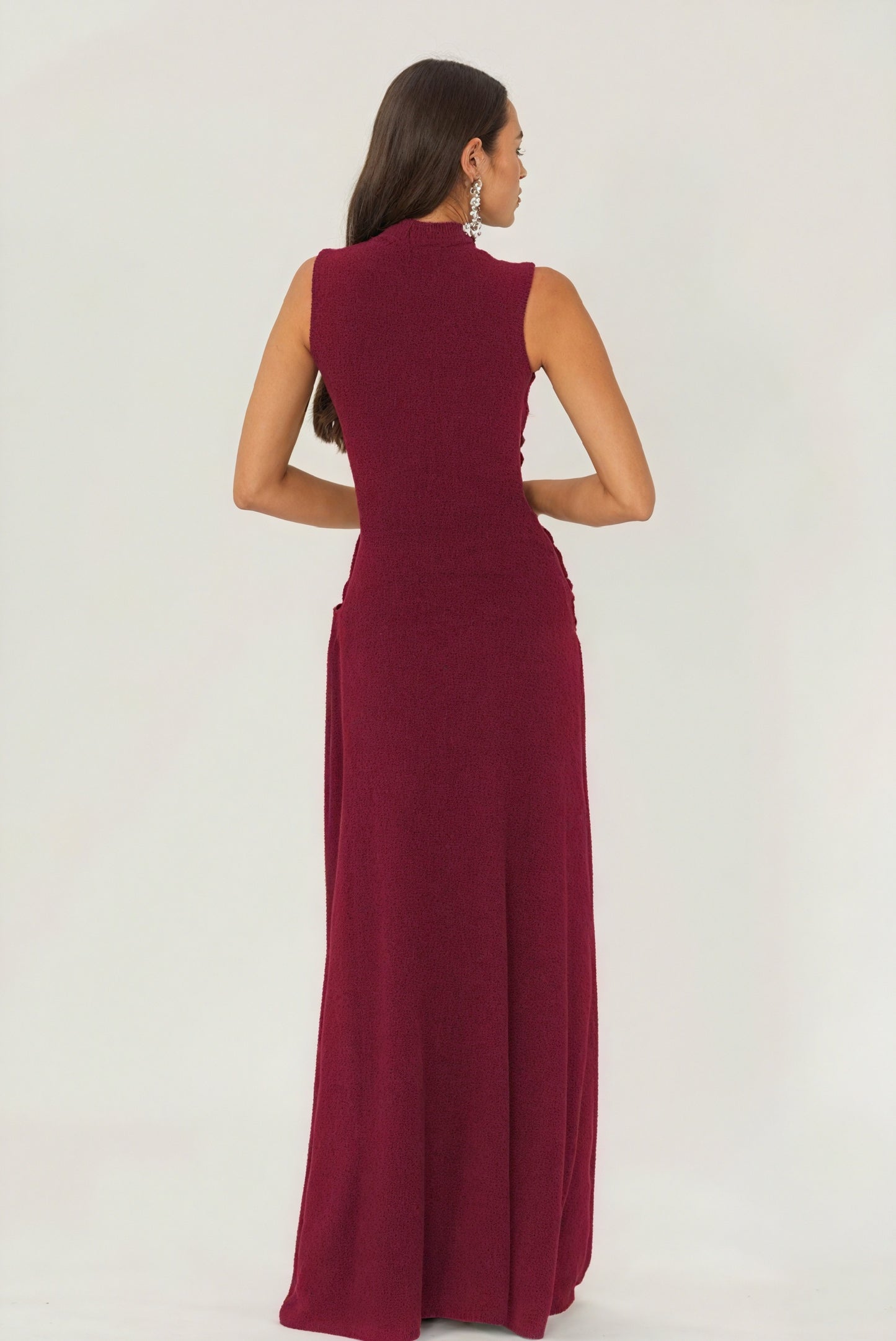 Floor-Length Drape Dress - Sleeveless Mock Neck
