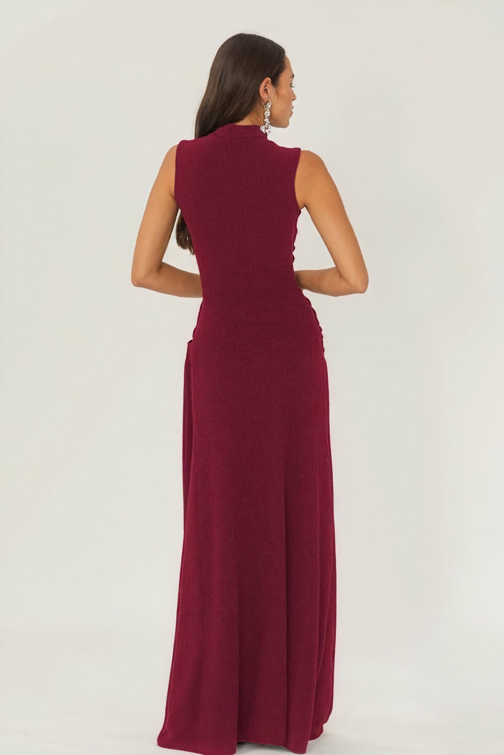 Floor-Length Drape Dress - Sleeveless Mock Neck