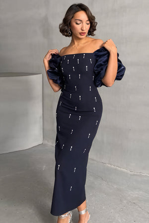 Sculpted Midi Dress with Statement Sleeves
