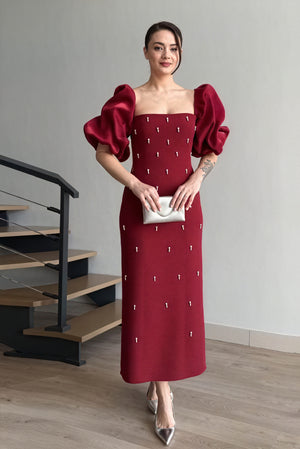 Sculpted Midi Dress with Statement Sleeves