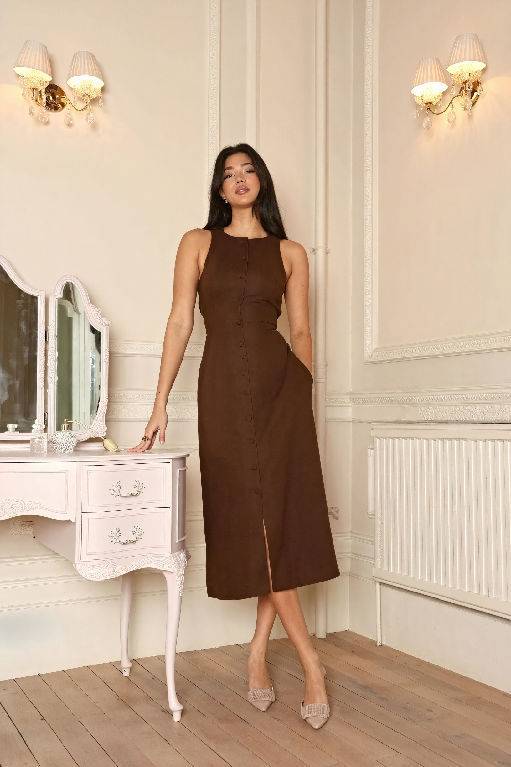 Button-Front A-Line Midi Dress with Slit