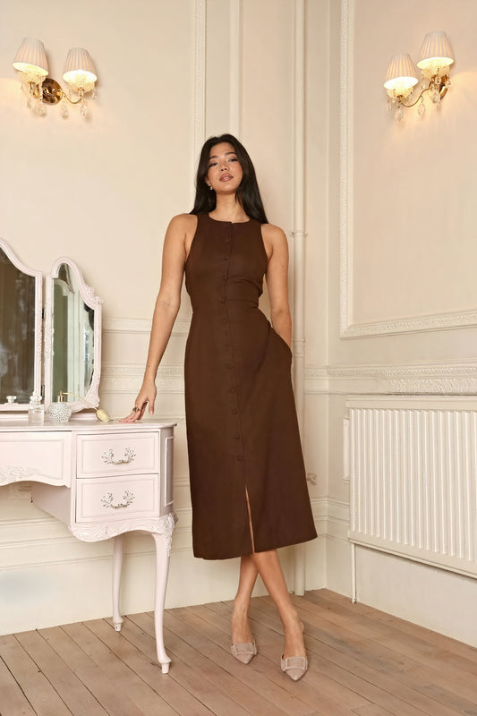 Button-Front A-Line Midi Dress with Slit