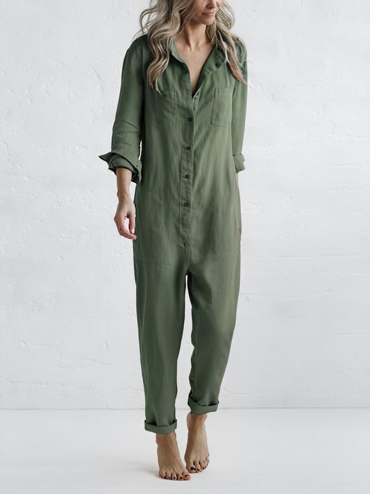 Relaxed Collared One-Piece with Button Detail