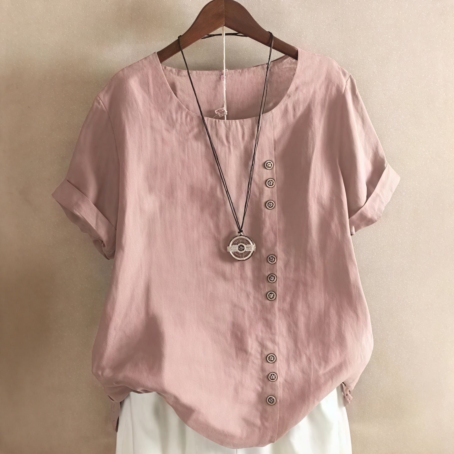Basicfold Women's Short-Sleeve Dress with Asymmetrical Button Design, Round Neckline-81165-73c07eb9-5438-45c0-bfce-40d5998271dc