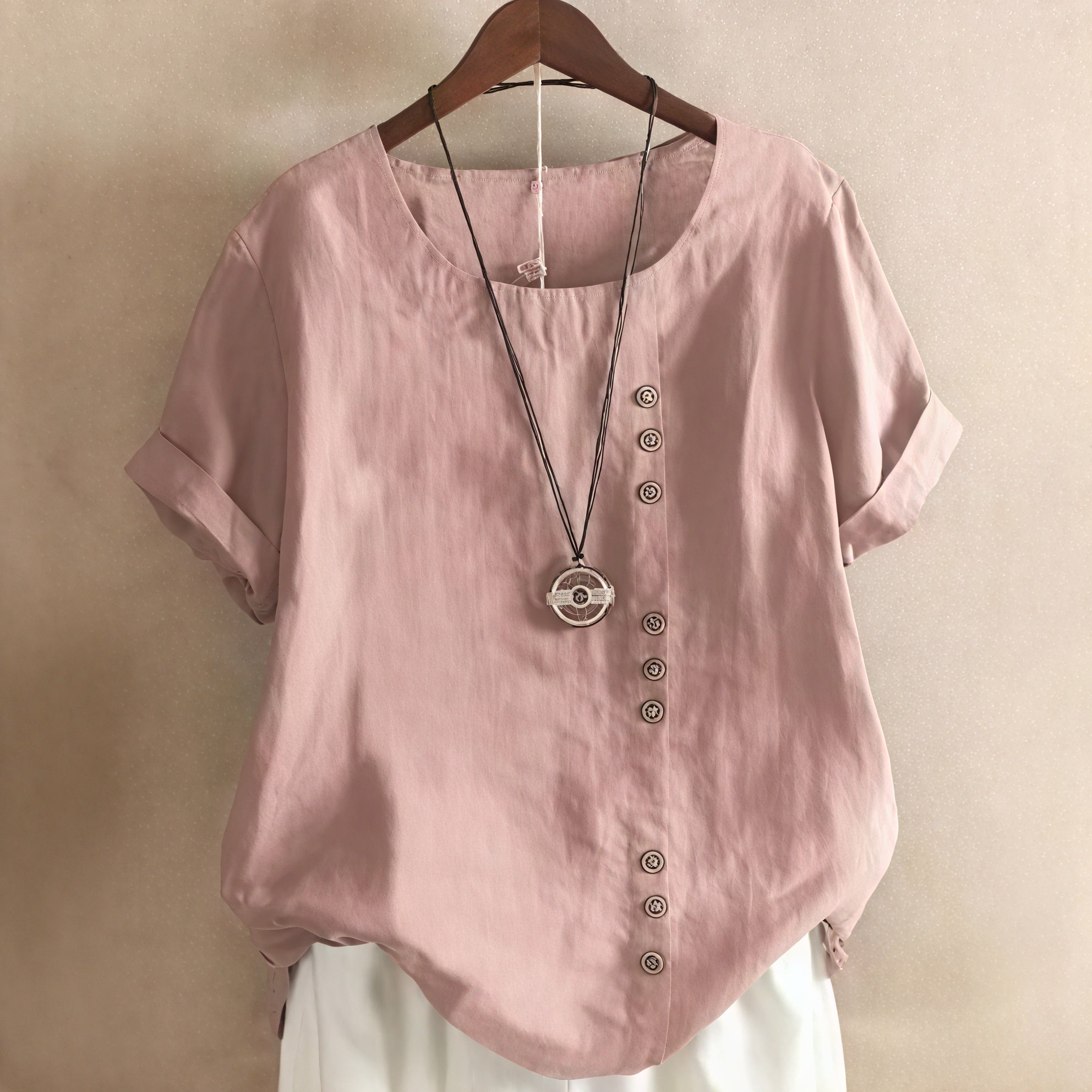 Basicfold Women's Short-Sleeve Dress with Asymmetrical Button Design, Round Neckline-81165-73c07eb9-5438-45c0-bfce-40d5998271dc