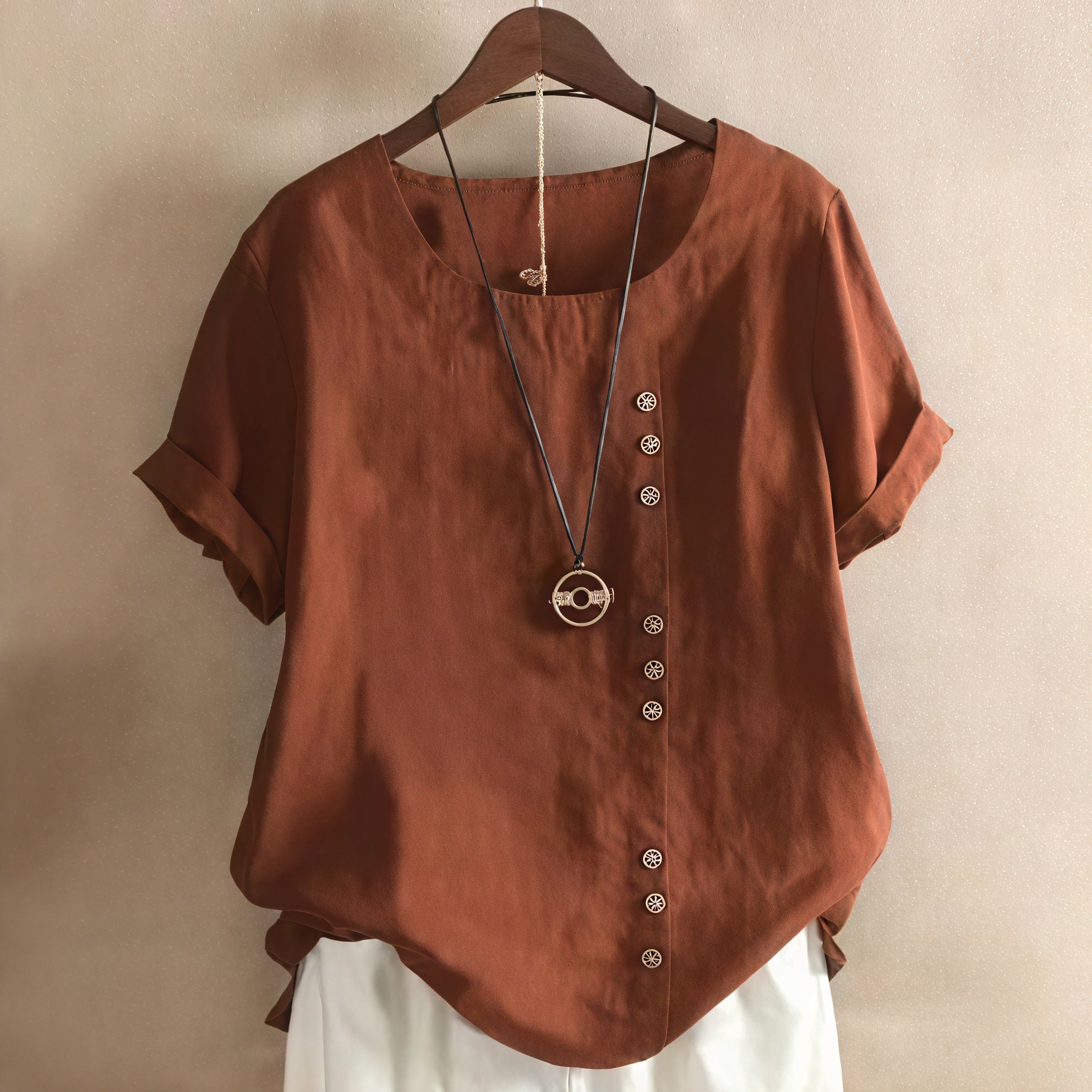 Basicfold Women's Short-Sleeve Dress with Asymmetrical Button Design, Round Neckline-81165-8c6aab03-9c6a-4439-ae4b-93736ec0b35f