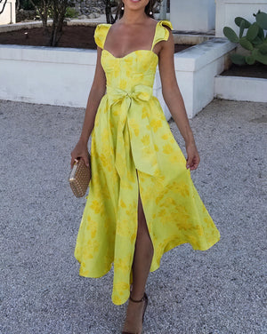 Women's Floral Midi Dress – Sleeveless, Bow Waist, Front Slit, Elegant-81250-7951416a-c180-43cd-b700-f3e8b62a91f9
