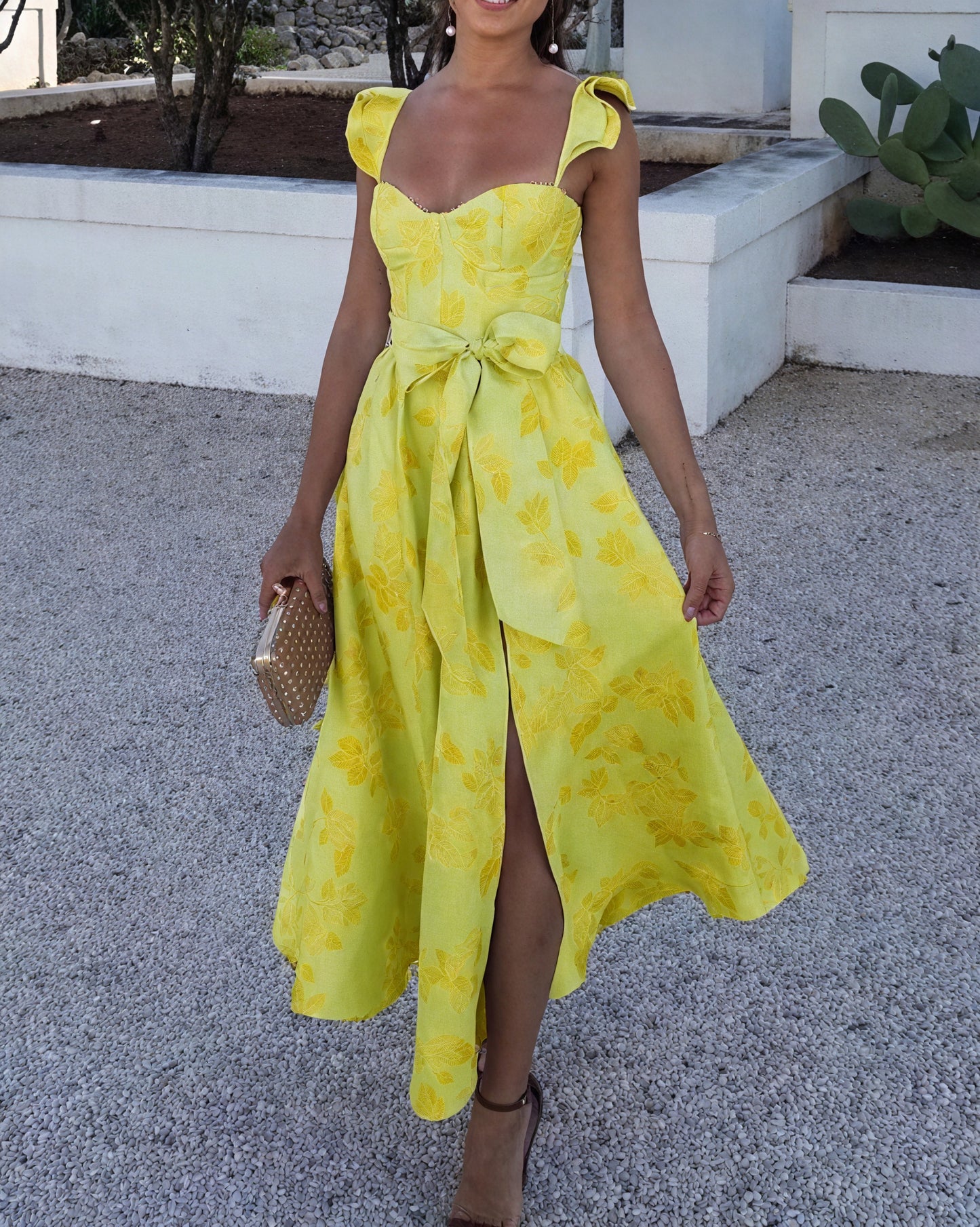 Women's Floral Midi Dress – Sleeveless, Bow Waist, Front Slit, Elegant-81250-7951416a-c180-43cd-b700-f3e8b62a91f9