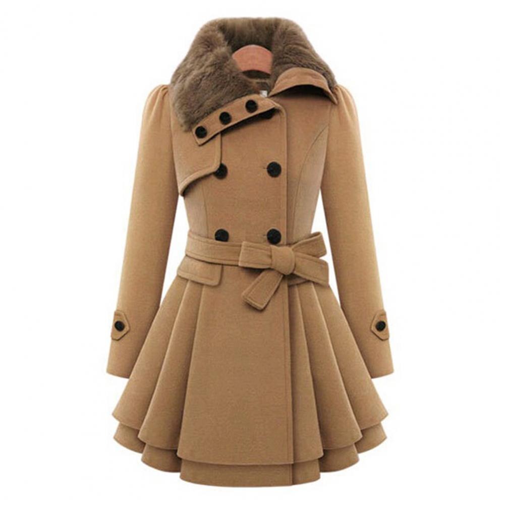 Women's Double-Breasted Winter Coat – Faux Fur Collar, Flared Skirt, Waist Belt Detail-82347-8125bc57-4c5a-4a65-b757-3656322f0604