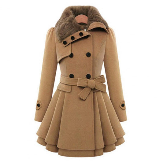Women's Double-Breasted Winter Coat – Faux Fur Collar, Flared Skirt, Waist Belt Detail-82347-8125bc57-4c5a-4a65-b757-3656322f0604