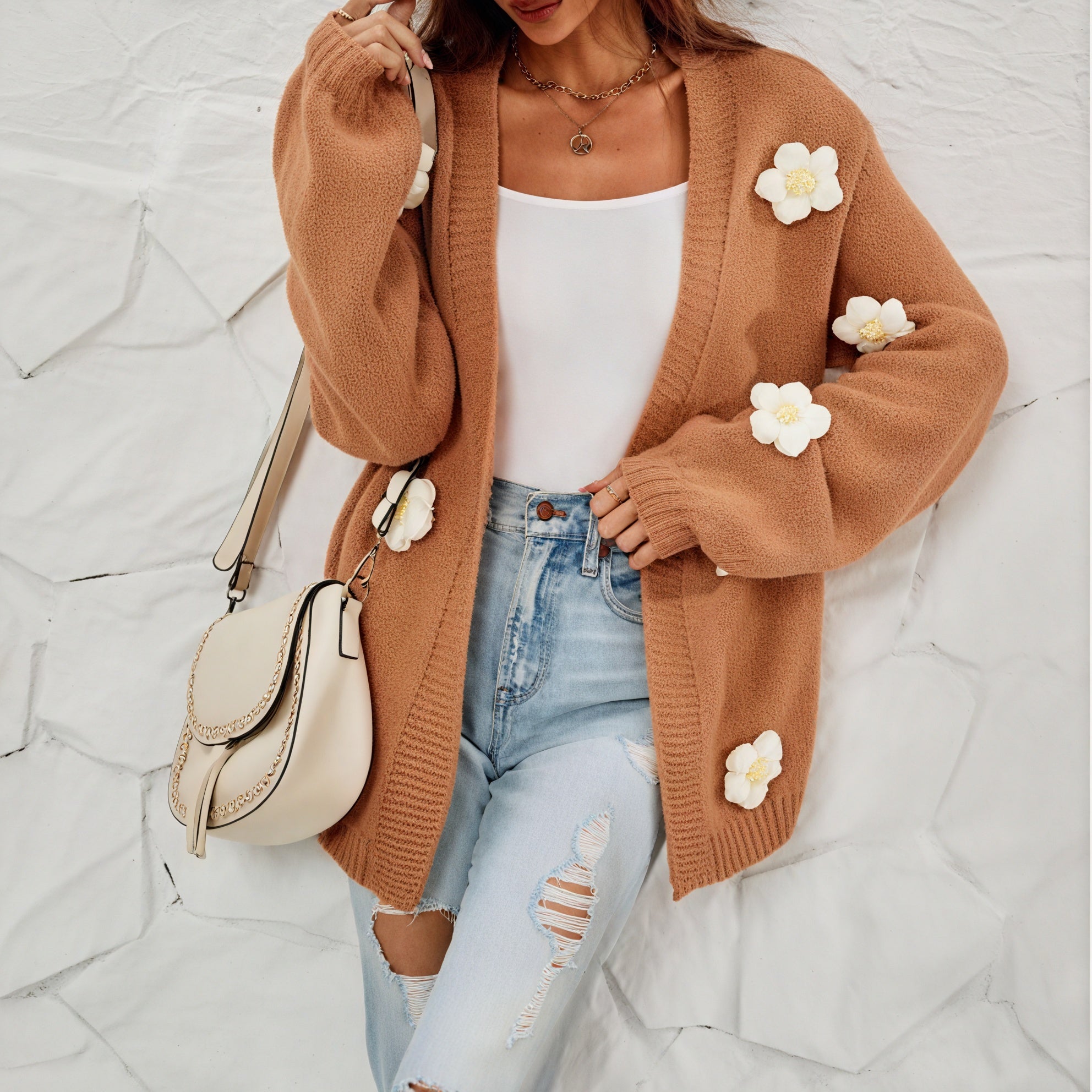 Floral Open-Front Cardigan with Ribbed Texture