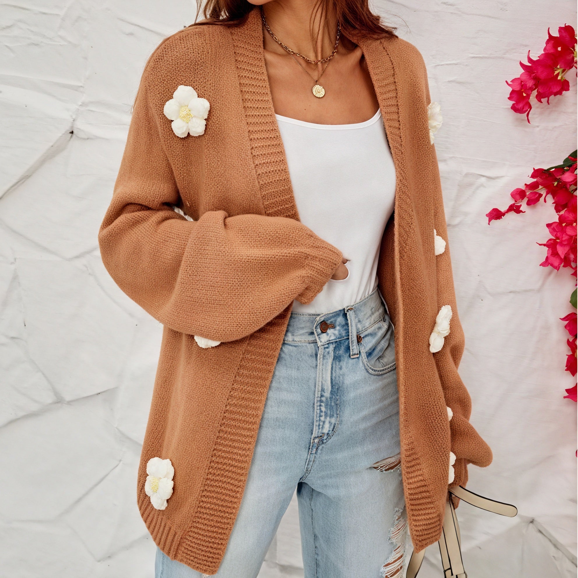 Floral Open-Front Cardigan with Ribbed Texture