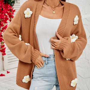 Floral Open-Front Cardigan with Ribbed Texture