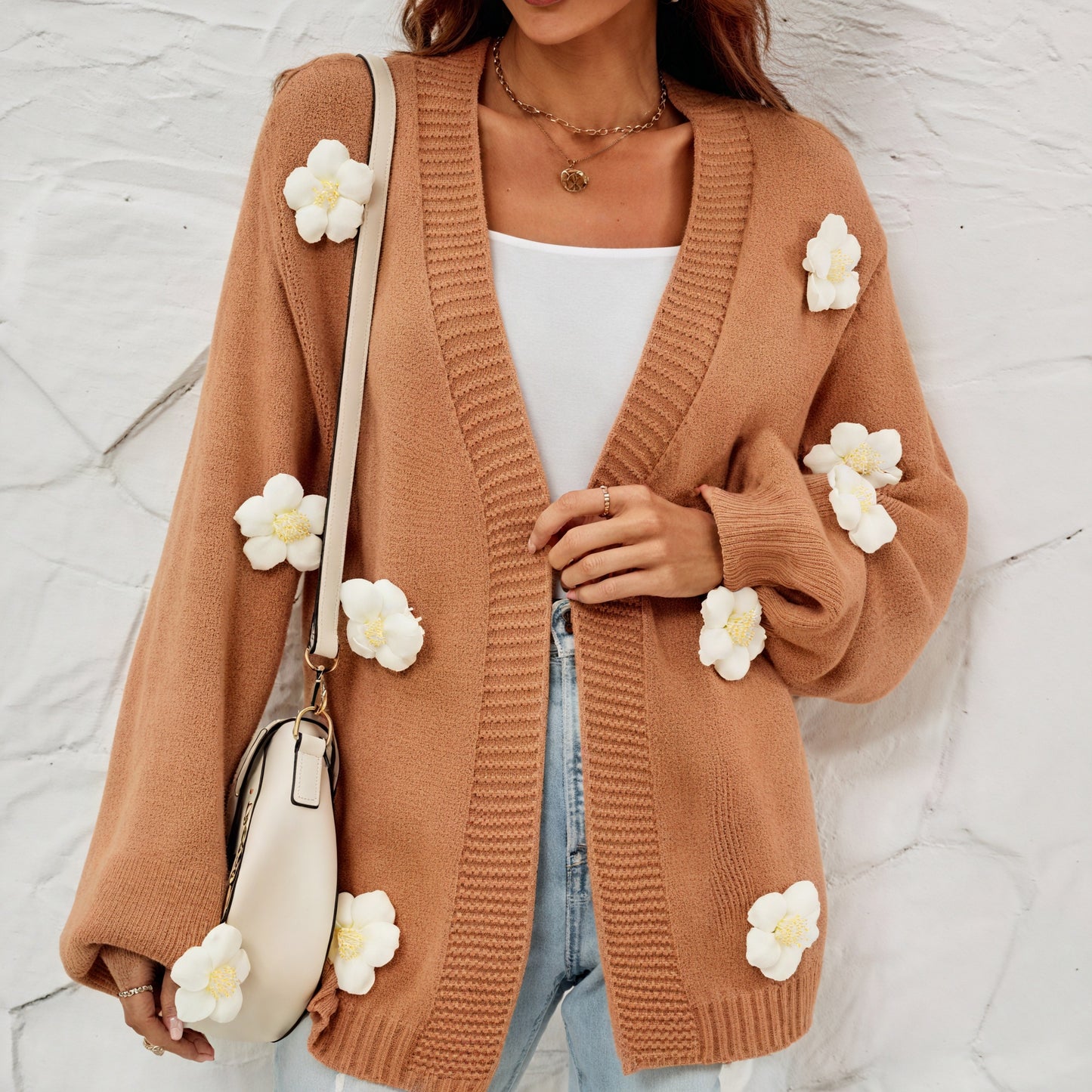 Floral Open-Front Cardigan with Ribbed Texture
