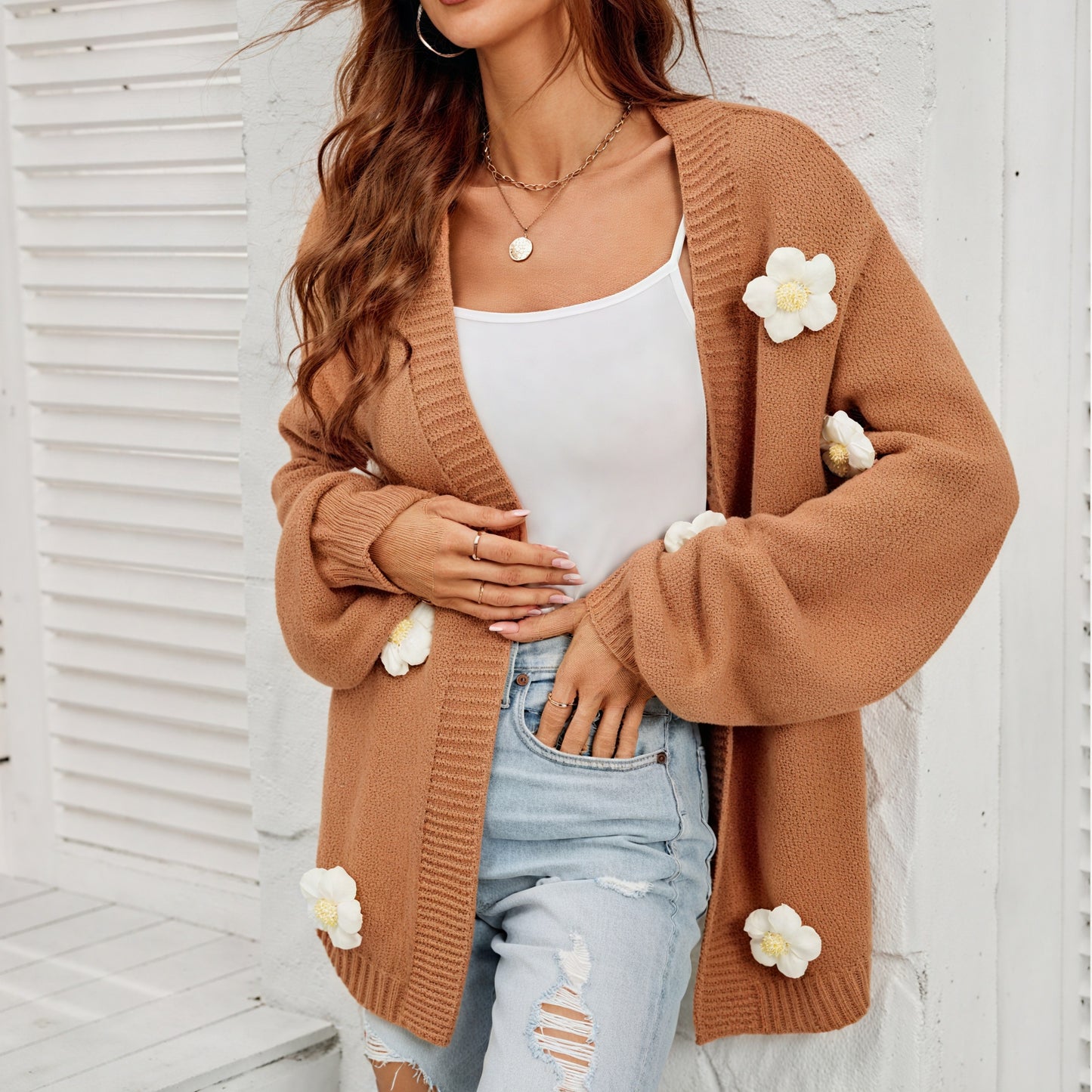 Floral Open-Front Cardigan with Ribbed Texture