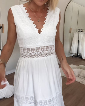 Lace Trim Maxi Dress - Tiered Skirt, V-Neck