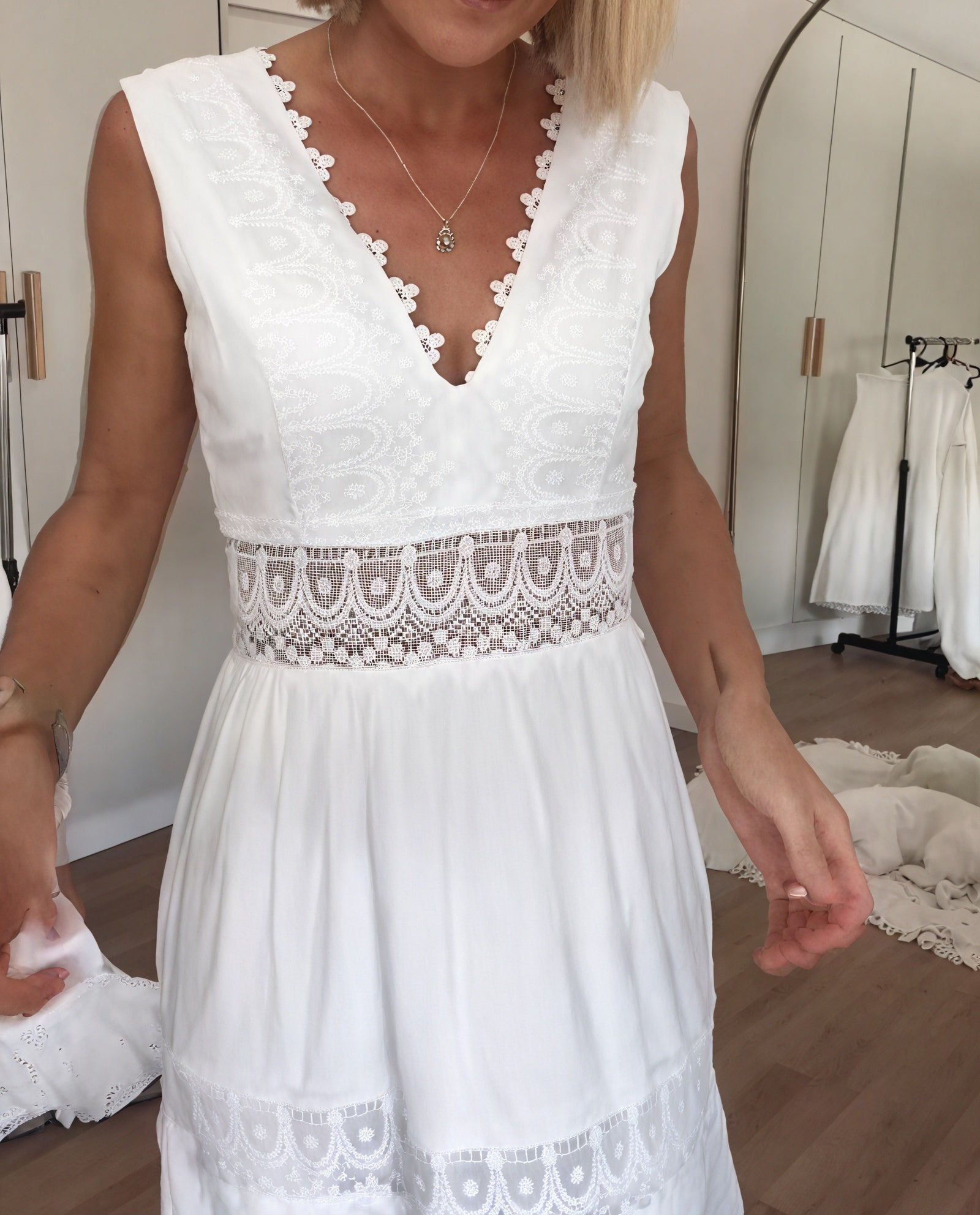 Lace Trim Maxi Dress - Tiered Skirt, V-Neck