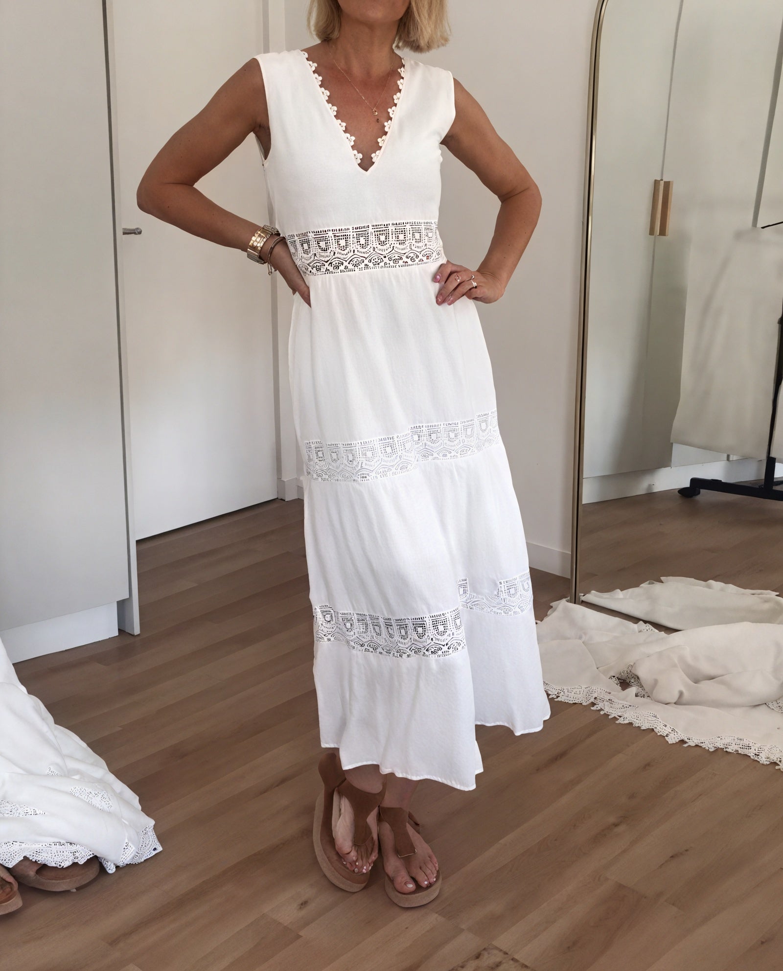 Lace Trim Maxi Dress - Tiered Skirt, V-Neck