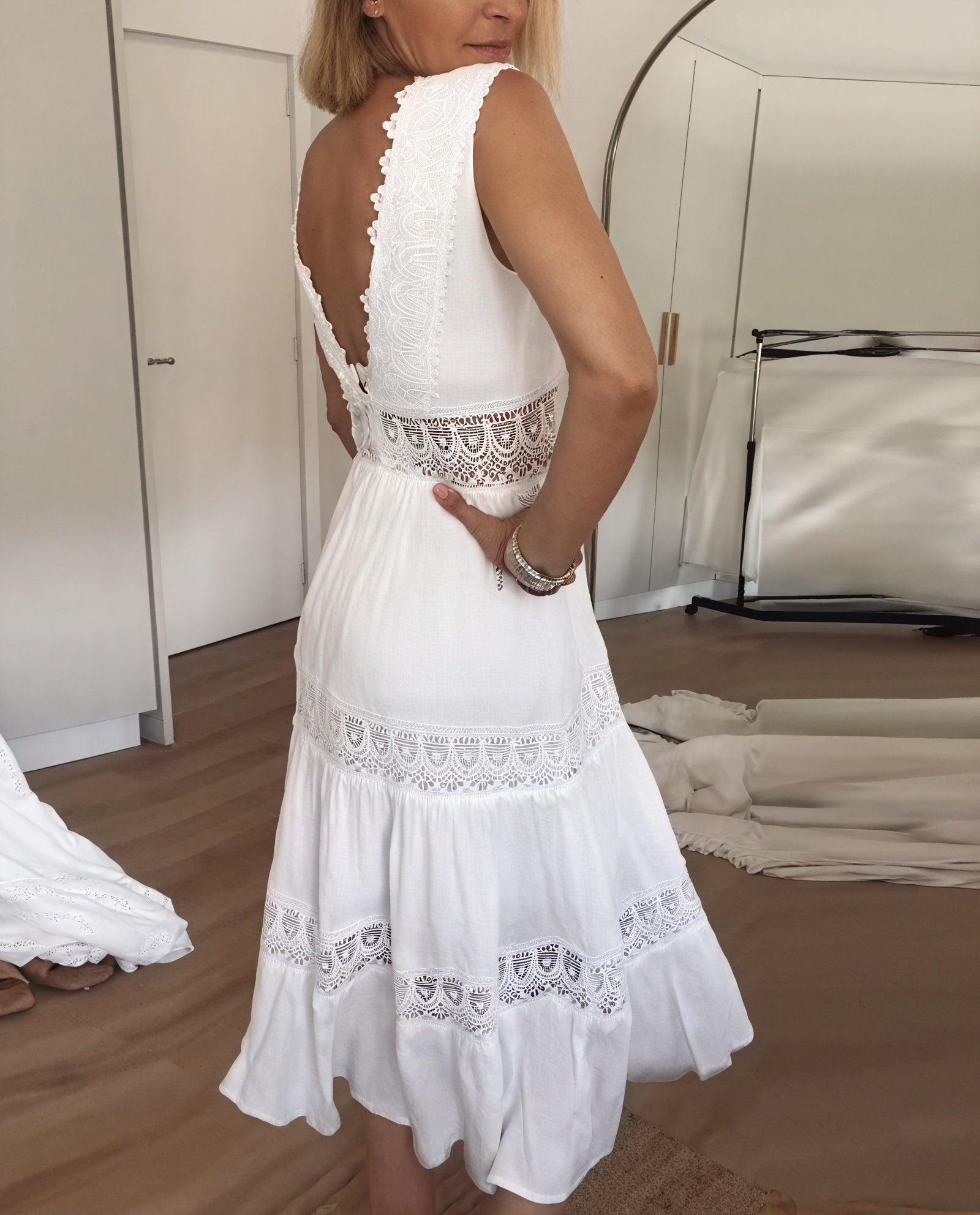 Lace Trim Maxi Dress - Tiered Skirt, V-Neck