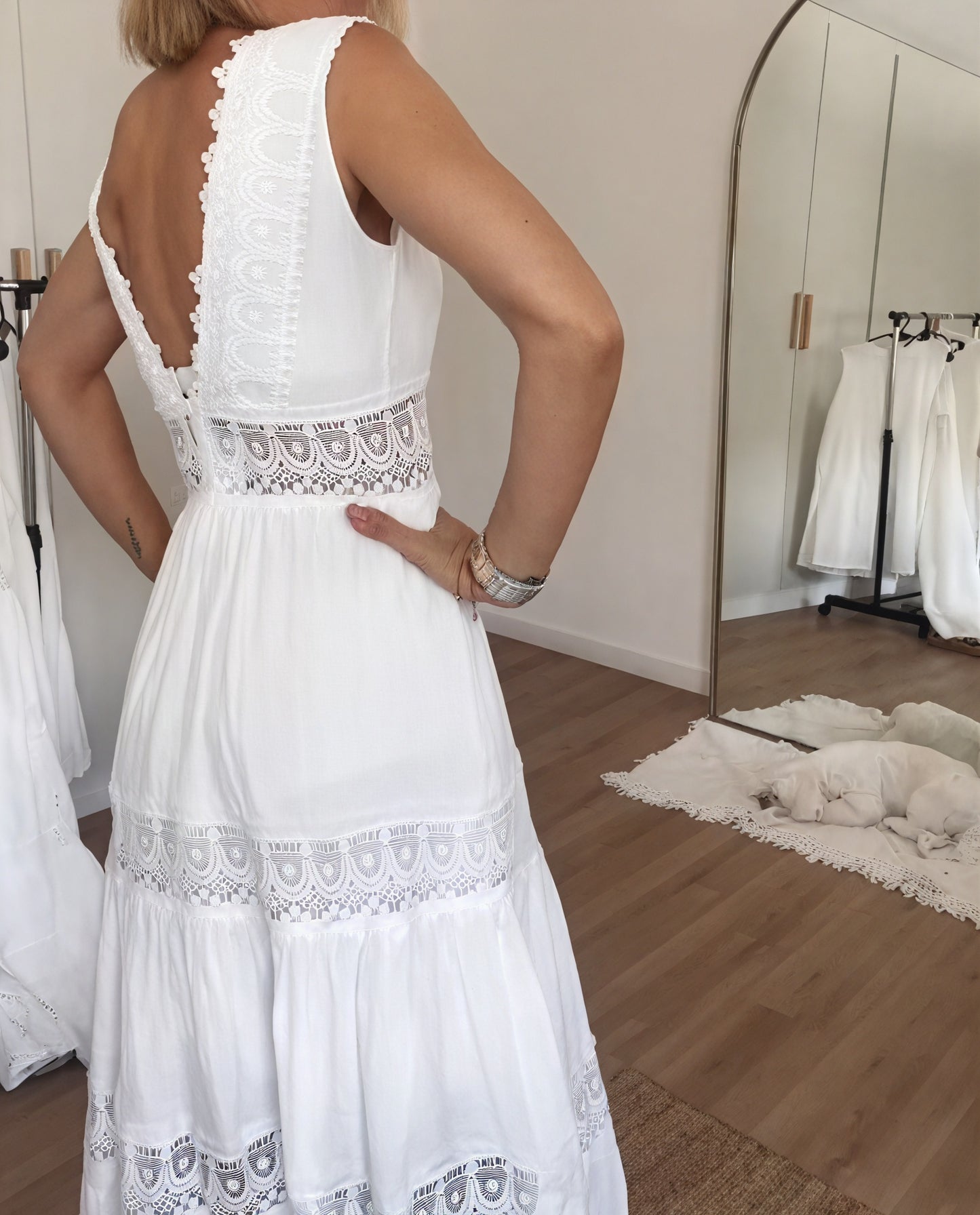 Lace Trim Maxi Dress - Tiered Skirt, V-Neck