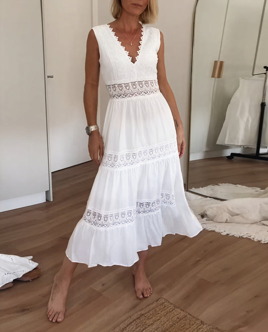 Lace Trim Maxi Dress - Tiered Skirt, V-Neck