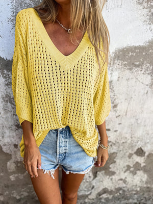 Relaxed Fit Open-Knit V-Neck Top
