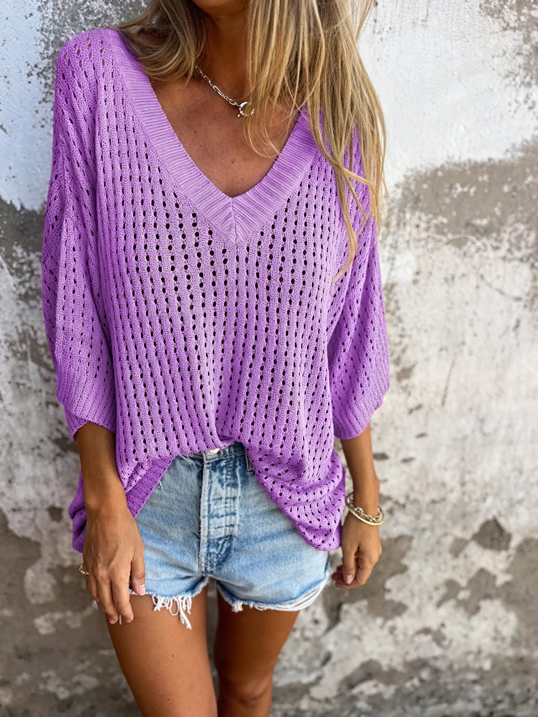 Relaxed Fit Open-Knit V-Neck Top