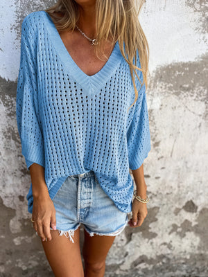 Relaxed Fit Open-Knit V-Neck Top