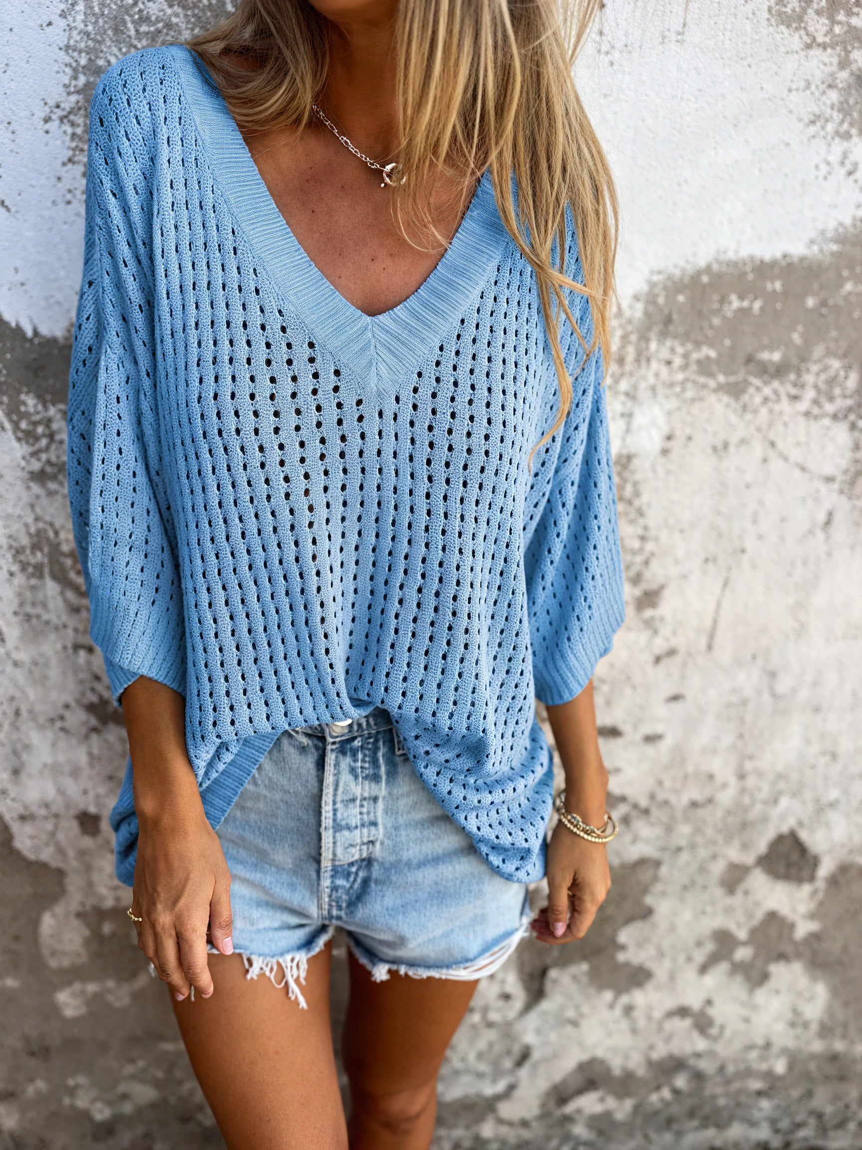Relaxed Fit Open-Knit V-Neck Top