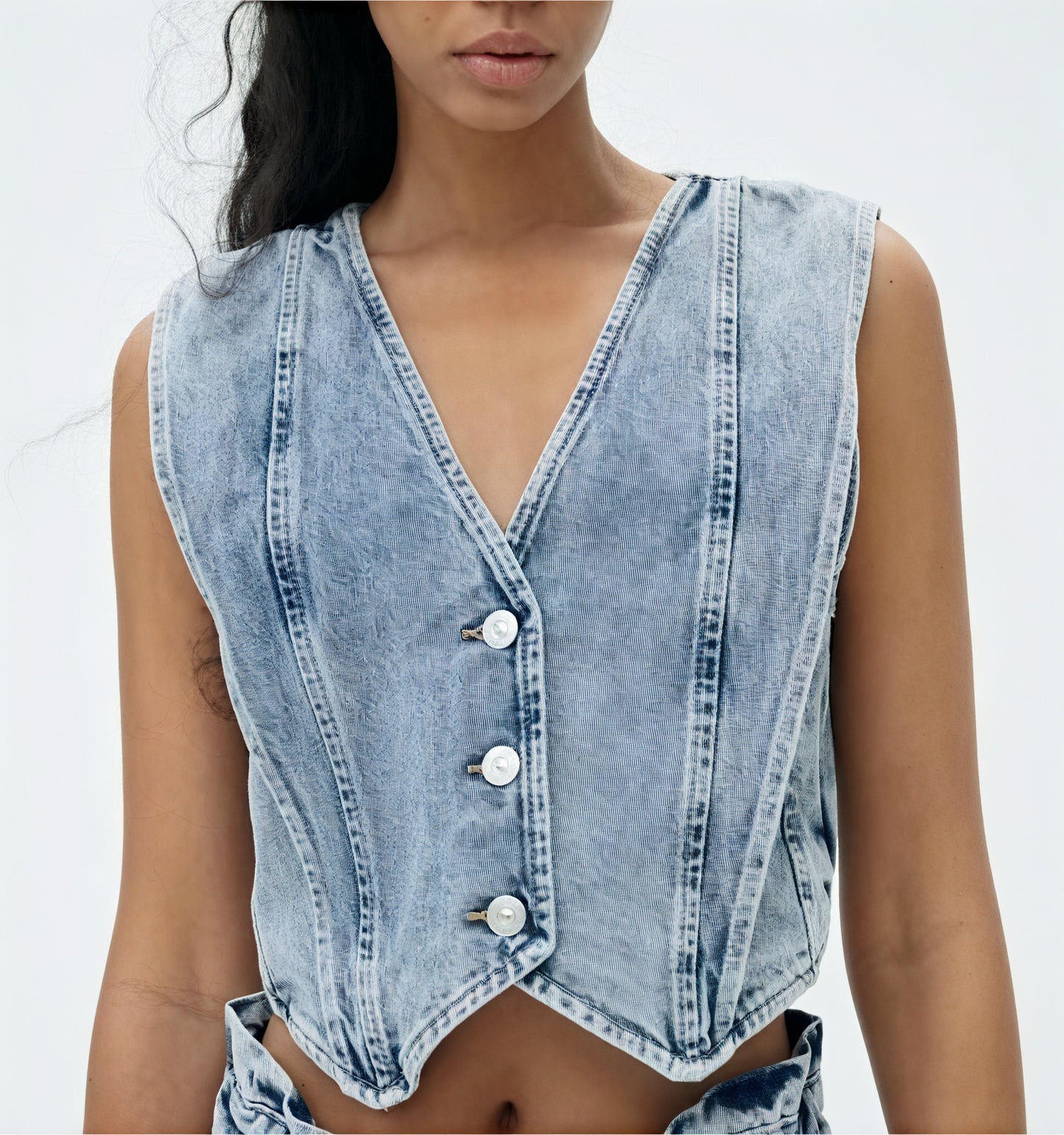 Structured Denim Vest with V-Neck Detail