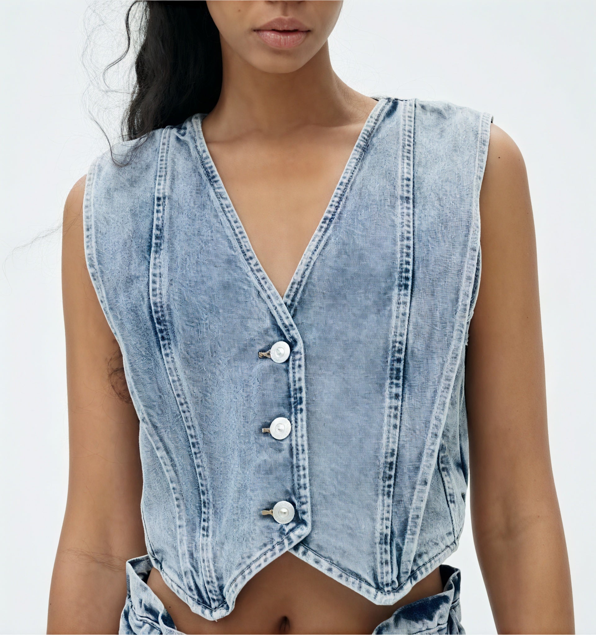Structured Denim Vest with V-Neck Detail