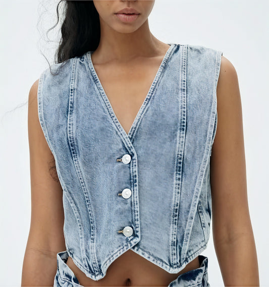 Structured Denim Vest with V-Neck Detail
