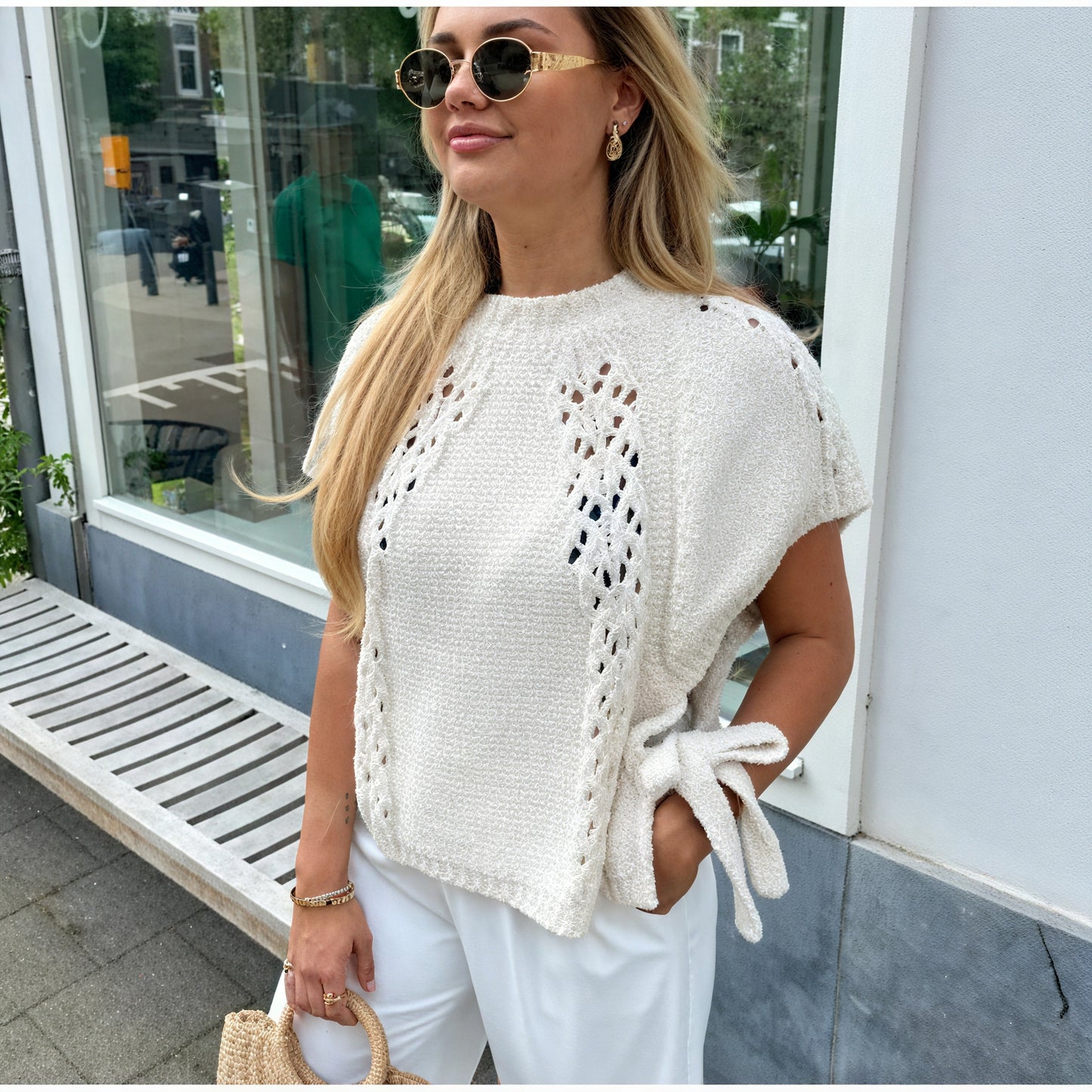 Textured Knit Top - Cream Boat Neck